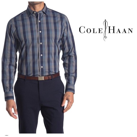 Cole Haan Mens Black Striped Spread Collar Long Sleeve Button Up Shirt Sz L New - Picture 7 of 8